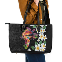 Hawaiian Lei Day Leather Tote Bag Plumeria and Turtle with Polynesian Tribal Pattern