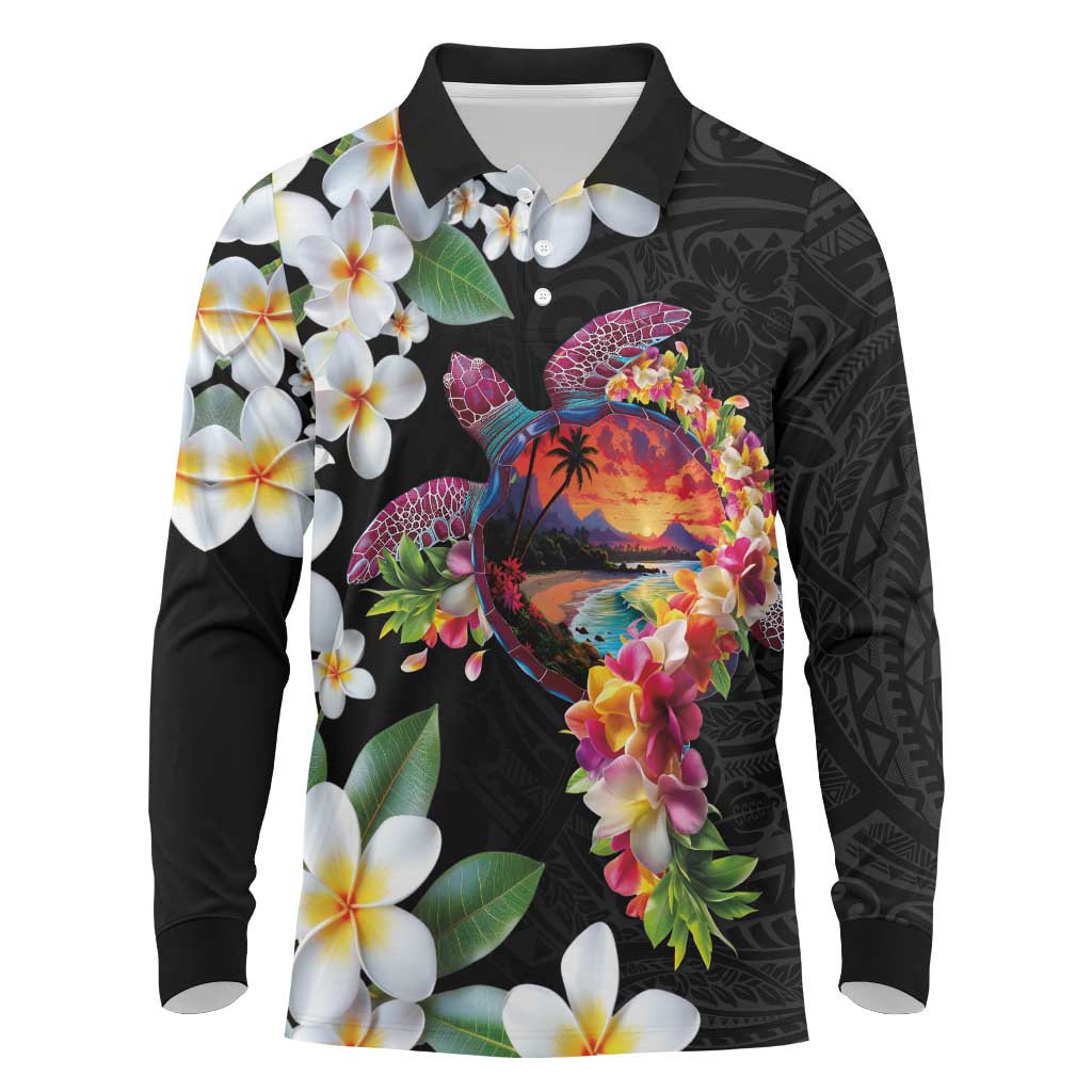 Hawaiian Lei Day Long Sleeve Polo Shirt Plumeria and Turtle with Polynesian Tribal Pattern