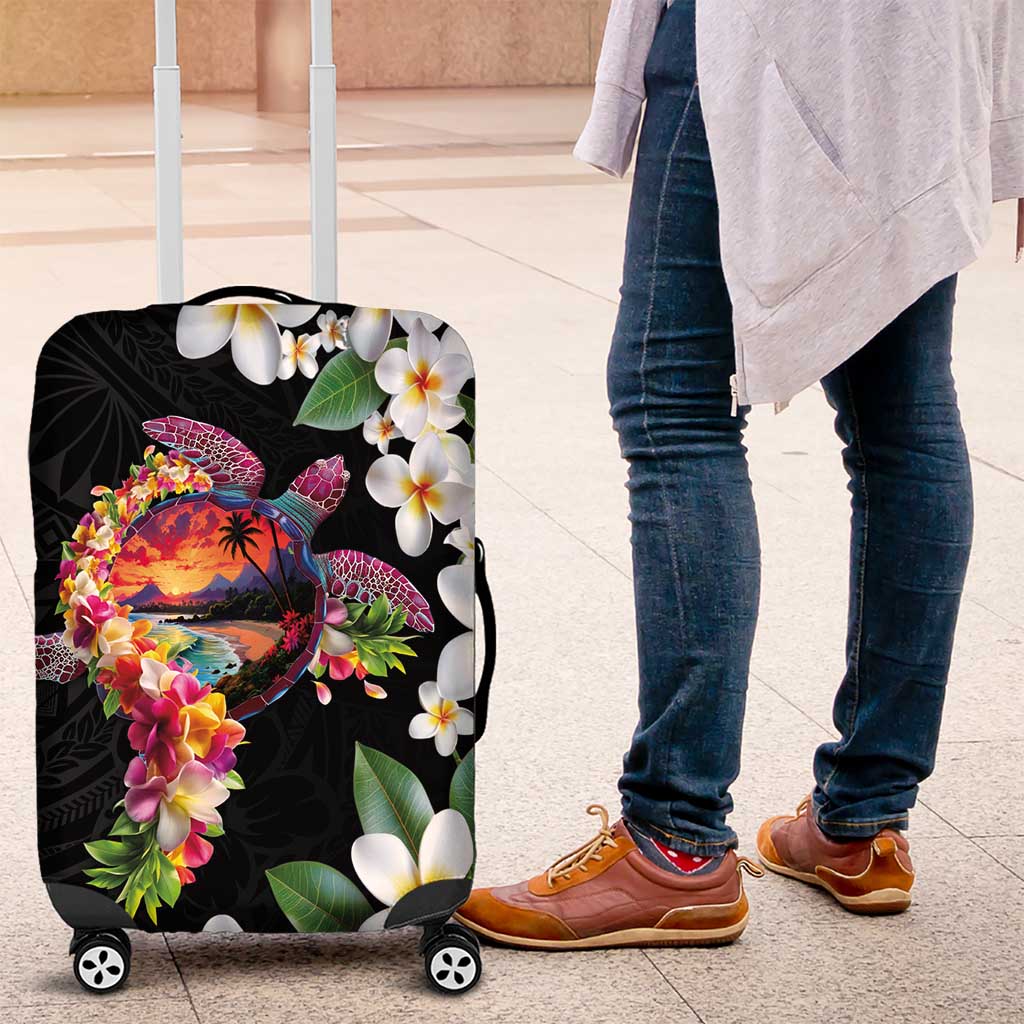 Hawaiian Lei Day Luggage Cover Plumeria and Turtle with Polynesian Tribal Pattern