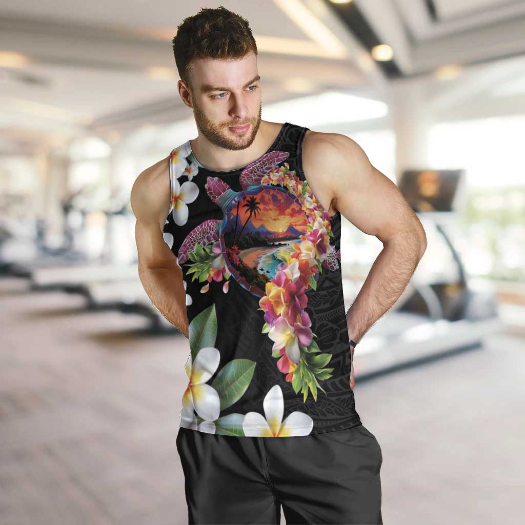 Hawaiian Lei Day Men Tank Top Plumeria and Turtle with Polynesian Tribal Pattern