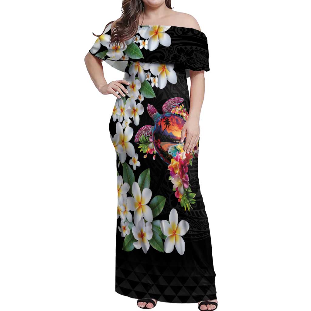 Hawaiian Lei Day Off Shoulder Maxi Dress Plumeria and Turtle with Polynesian Tribal Pattern