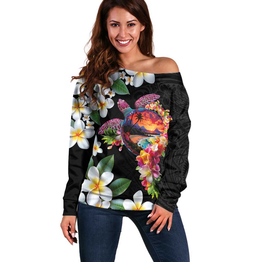 Hawaiian Lei Day Off Shoulder Sweater Plumeria and Turtle with Polynesian Tribal Pattern