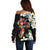 Hawaiian Lei Day Off Shoulder Sweater Plumeria and Turtle with Polynesian Tribal Pattern