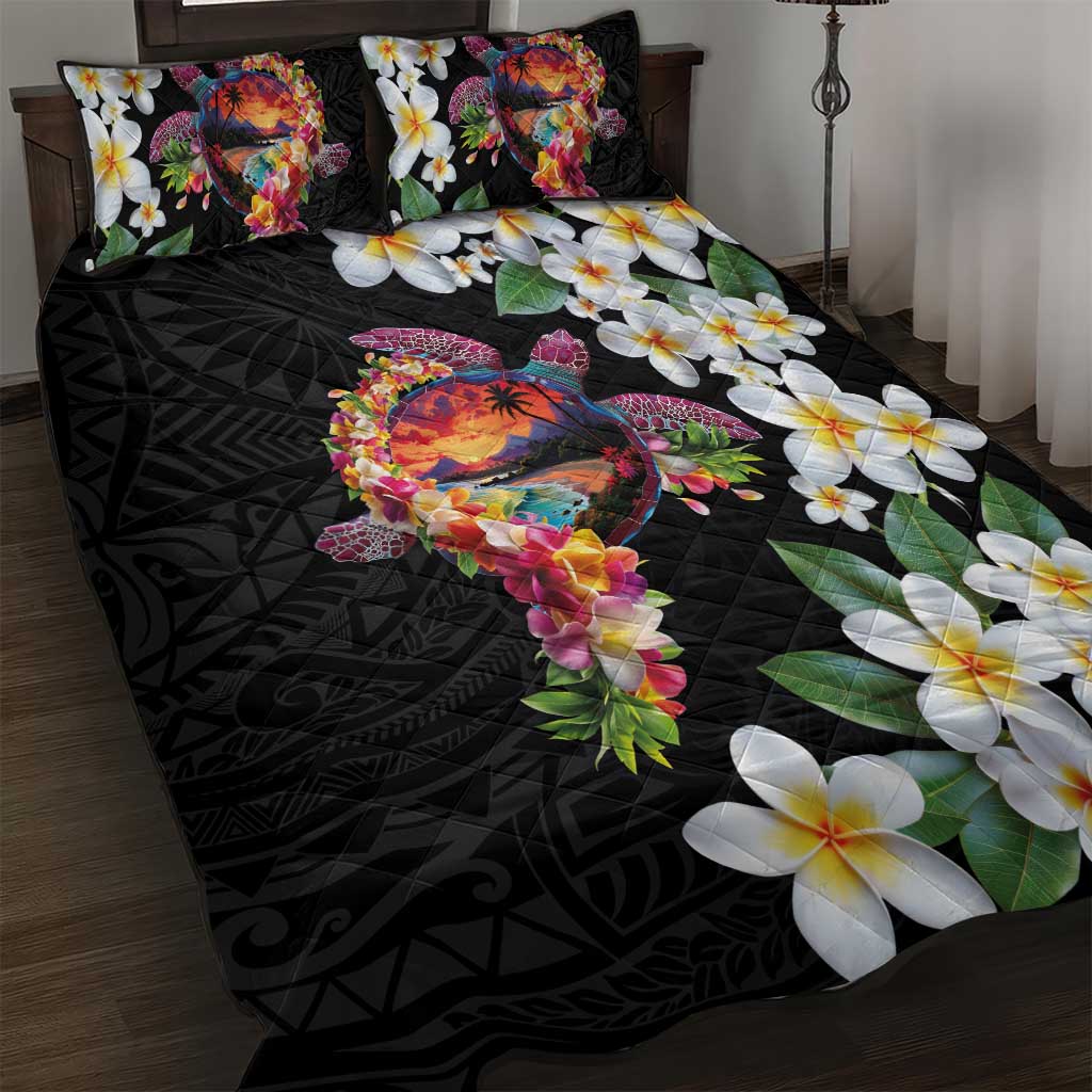 Hawaiian Lei Day Quilt Bed Set Plumeria and Turtle with Polynesian Tribal Pattern