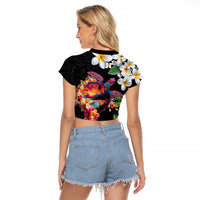 Hawaiian Lei Day Raglan Cropped T Shirt Plumeria and Turtle with Polynesian Tribal Pattern