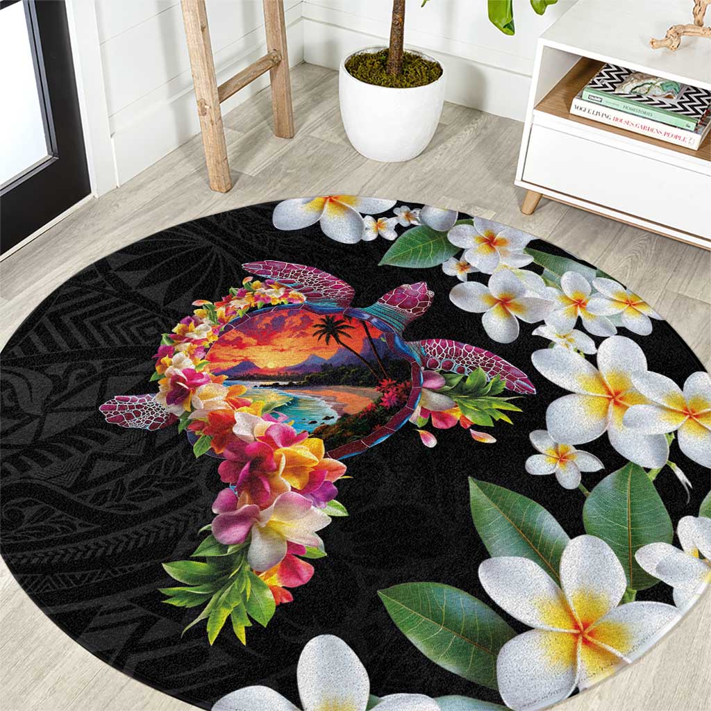 Hawaiian Lei Day Round Carpet Plumeria and Turtle with Polynesian Tribal Pattern