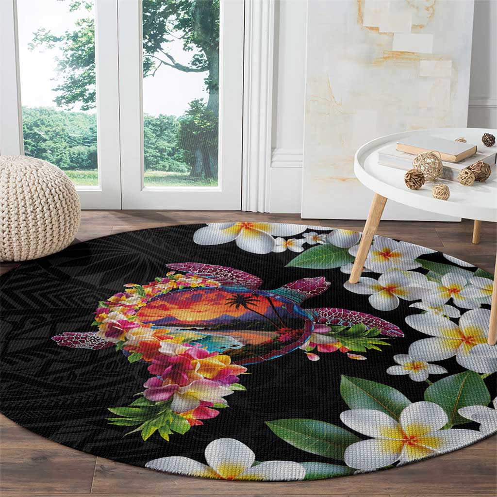 Hawaiian Lei Day Round Carpet Plumeria and Turtle with Polynesian Tribal Pattern