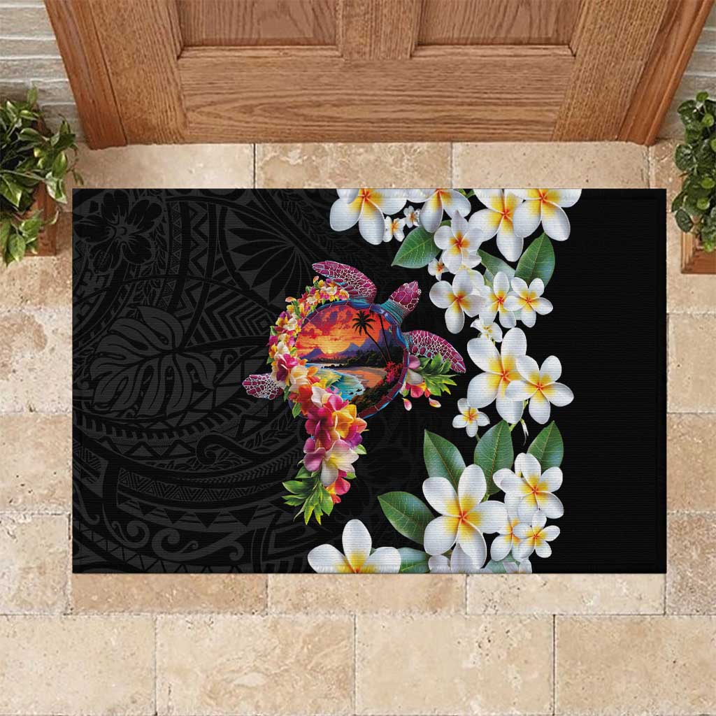 Hawaiian Lei Day Rubber Doormat Plumeria and Turtle with Polynesian Tribal Pattern