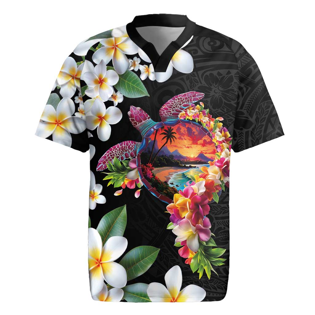 Hawaiian Lei Day Rugby Jersey Plumeria and Turtle with Polynesian Tribal Pattern