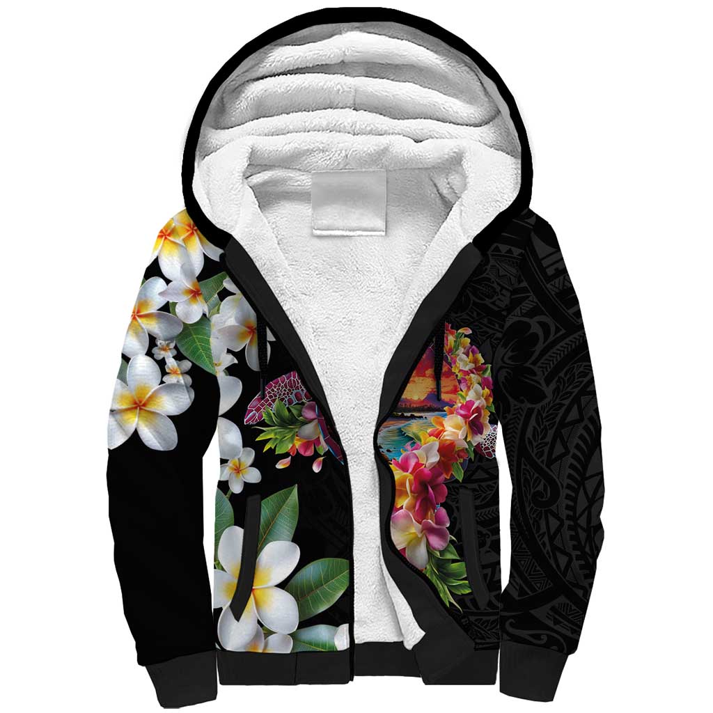 Hawaiian Lei Day Sherpa Hoodie Plumeria and Turtle with Polynesian Tribal Pattern