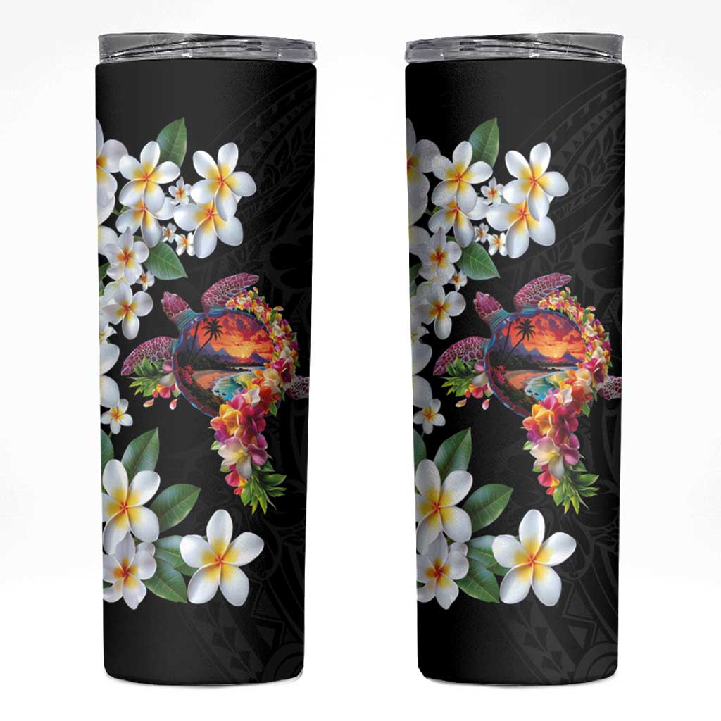 Hawaiian Lei Day Skinny Tumbler Plumeria and Turtle with Polynesian Tribal Pattern