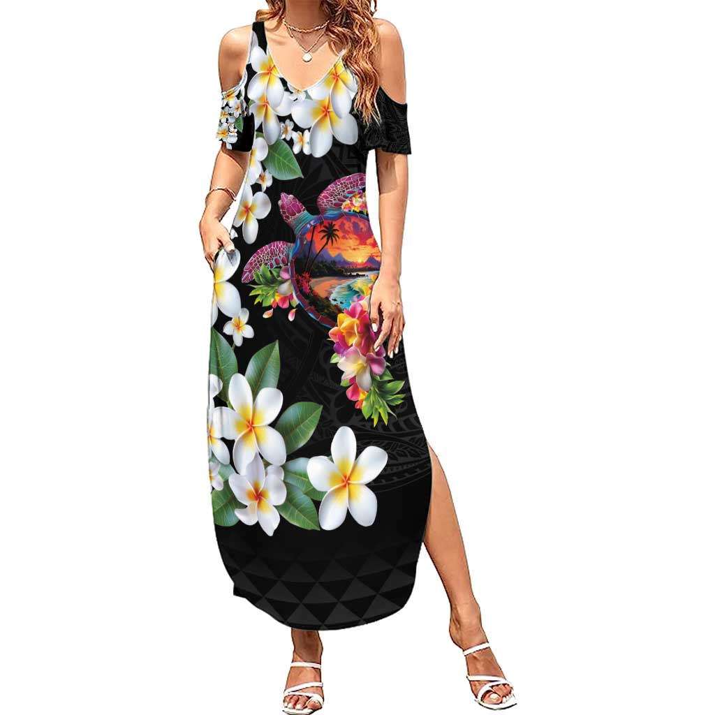 Hawaiian Lei Day Summer Maxi Dress Plumeria and Turtle with Polynesian Tribal Pattern