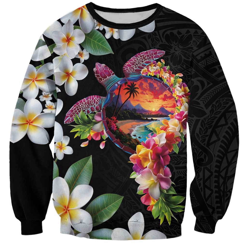 Hawaiian Lei Day Sweatshirt Plumeria and Turtle with Polynesian Tribal Pattern