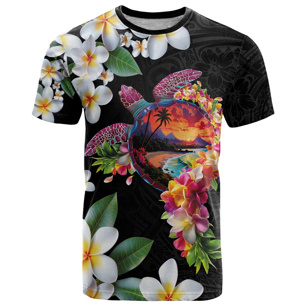 Hawaiian Lei Day T Shirt Plumeria and Turtle with Polynesian Tribal Pattern