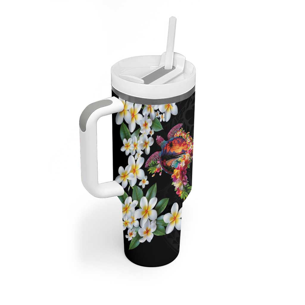 Hawaiian Lei Day Tumbler With Handle Plumeria and Turtle with Polynesian Tribal Pattern