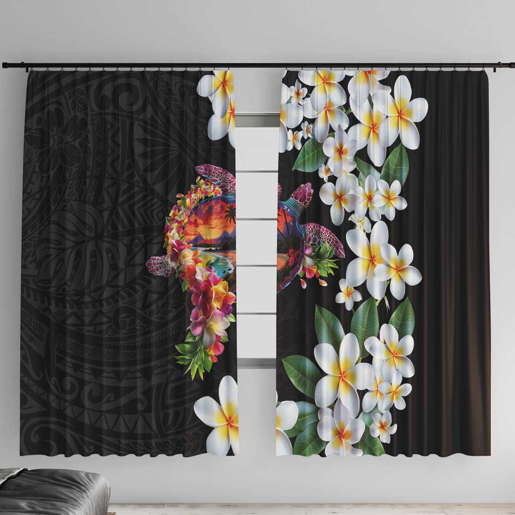 Hawaiian Lei Day Window Curtain Plumeria and Turtle with Polynesian Tribal Pattern