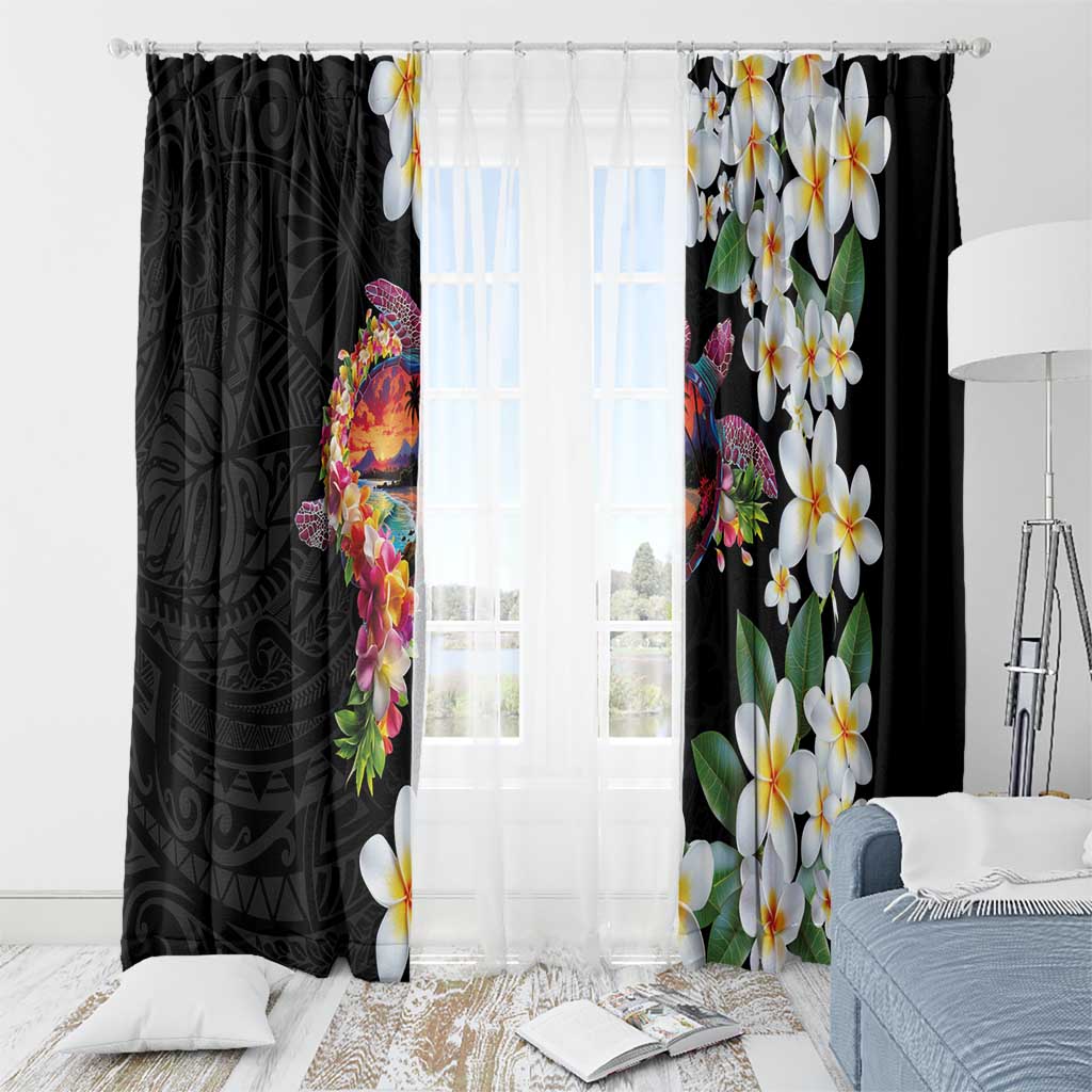 Hawaiian Lei Day Window Curtain Plumeria and Turtle with Polynesian Tribal Pattern