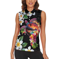 Hawaiian Lei Day Women Sleeveless Polo Shirt Plumeria and Turtle with Polynesian Tribal Pattern