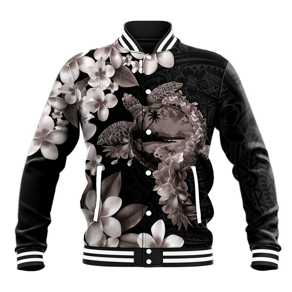 Hawaiian Lei Day Baseball Jacket Plumeria and Turtle with Polynesian Tribal Pattern Grayscale Color