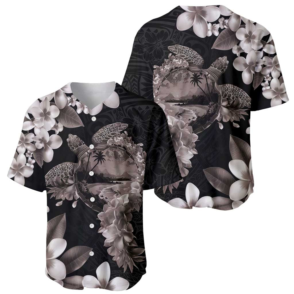 Hawaiian Lei Day Baseball Jersey Plumeria and Turtle with Polynesian Tribal Pattern Grayscale Color
