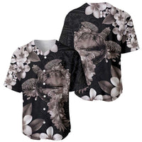 Hawaiian Lei Day Baseball Jersey Plumeria and Turtle with Polynesian Tribal Pattern Grayscale Color