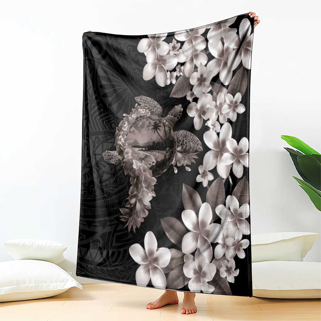 Hawaiian Lei Day Blanket Plumeria and Turtle with Polynesian Tribal Pattern Grayscale Color