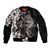 Hawaiian Lei Day Bomber Jacket Plumeria and Turtle with Polynesian Tribal Pattern Grayscale Color