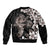 Hawaiian Lei Day Bomber Jacket Plumeria and Turtle with Polynesian Tribal Pattern Grayscale Color