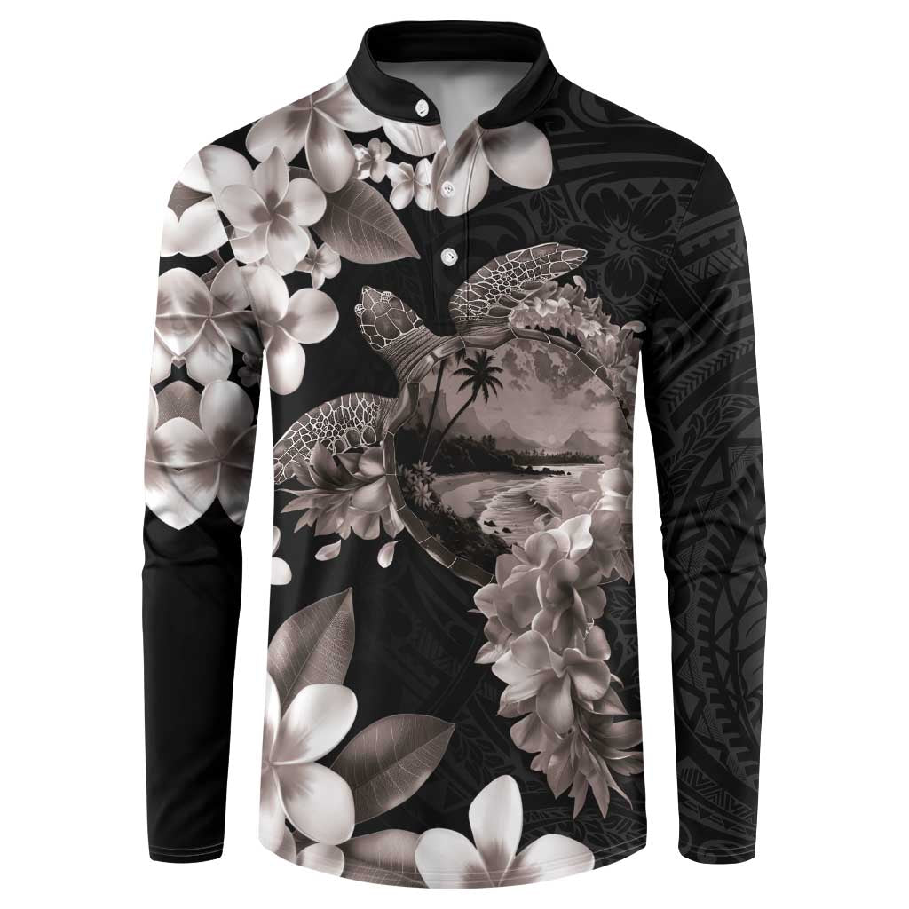 Hawaiian Lei Day Button Sweatshirt Plumeria and Turtle with Polynesian Tribal Pattern Grayscale Color