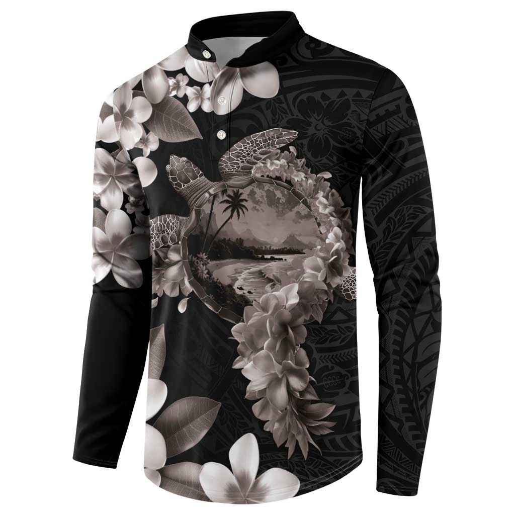Hawaiian Lei Day Button Sweatshirt Plumeria and Turtle with Polynesian Tribal Pattern Grayscale Color