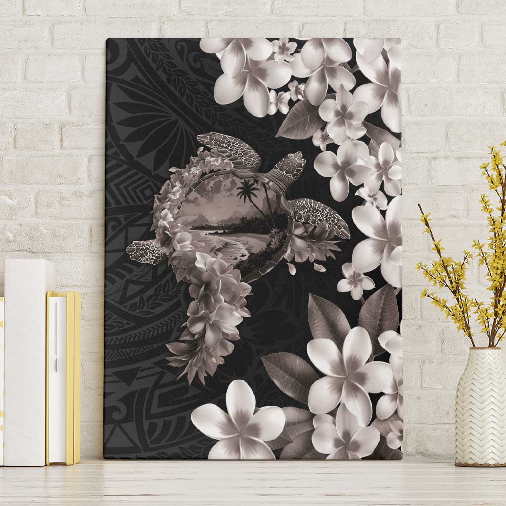 Hawaiian Lei Day Canvas Wall Art Plumeria and Turtle with Polynesian Tribal Pattern Grayscale Color