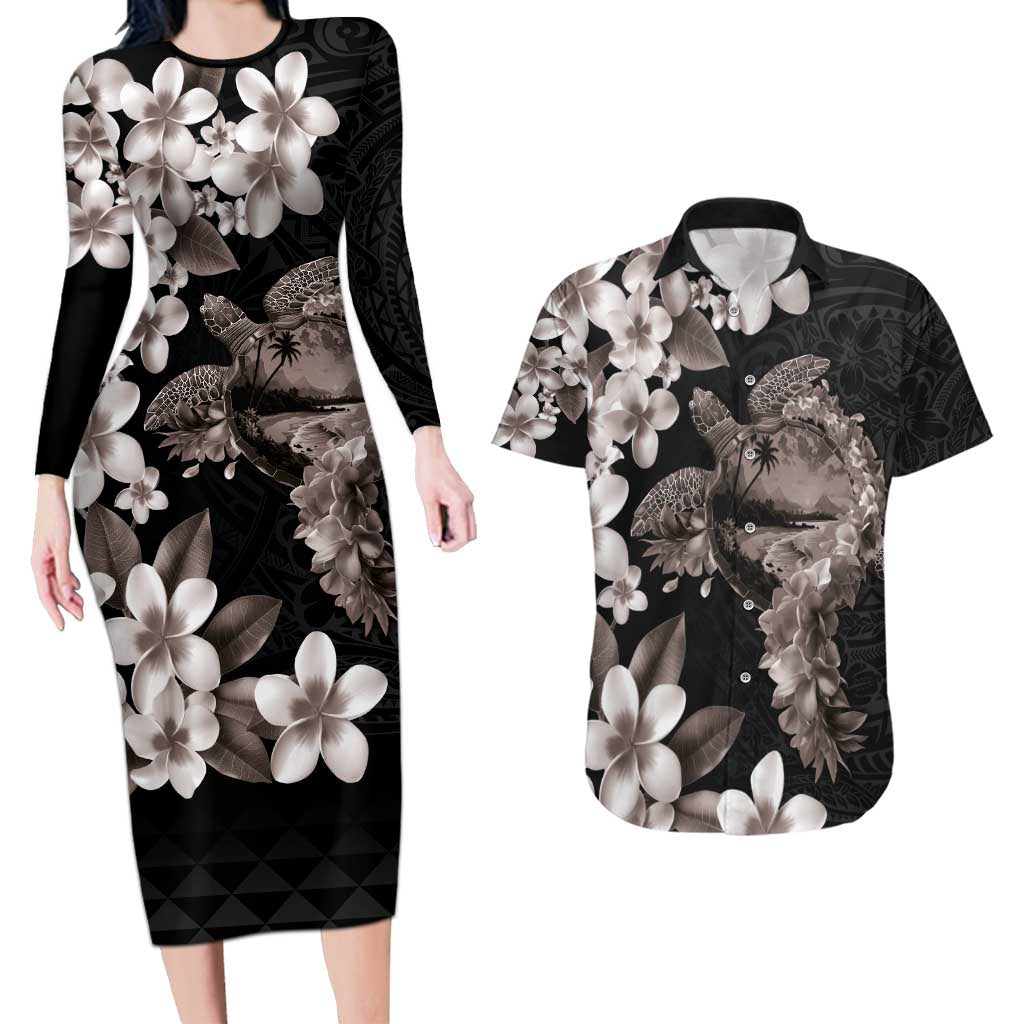 Hawaiian Lei Day Couples Matching Long Sleeve Bodycon Dress and Hawaiian Shirt Plumeria and Turtle with Polynesian Tribal Pattern Grayscale Color