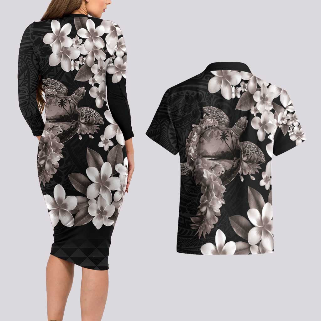 Hawaiian Lei Day Couples Matching Long Sleeve Bodycon Dress and Hawaiian Shirt Plumeria and Turtle with Polynesian Tribal Pattern Grayscale Color