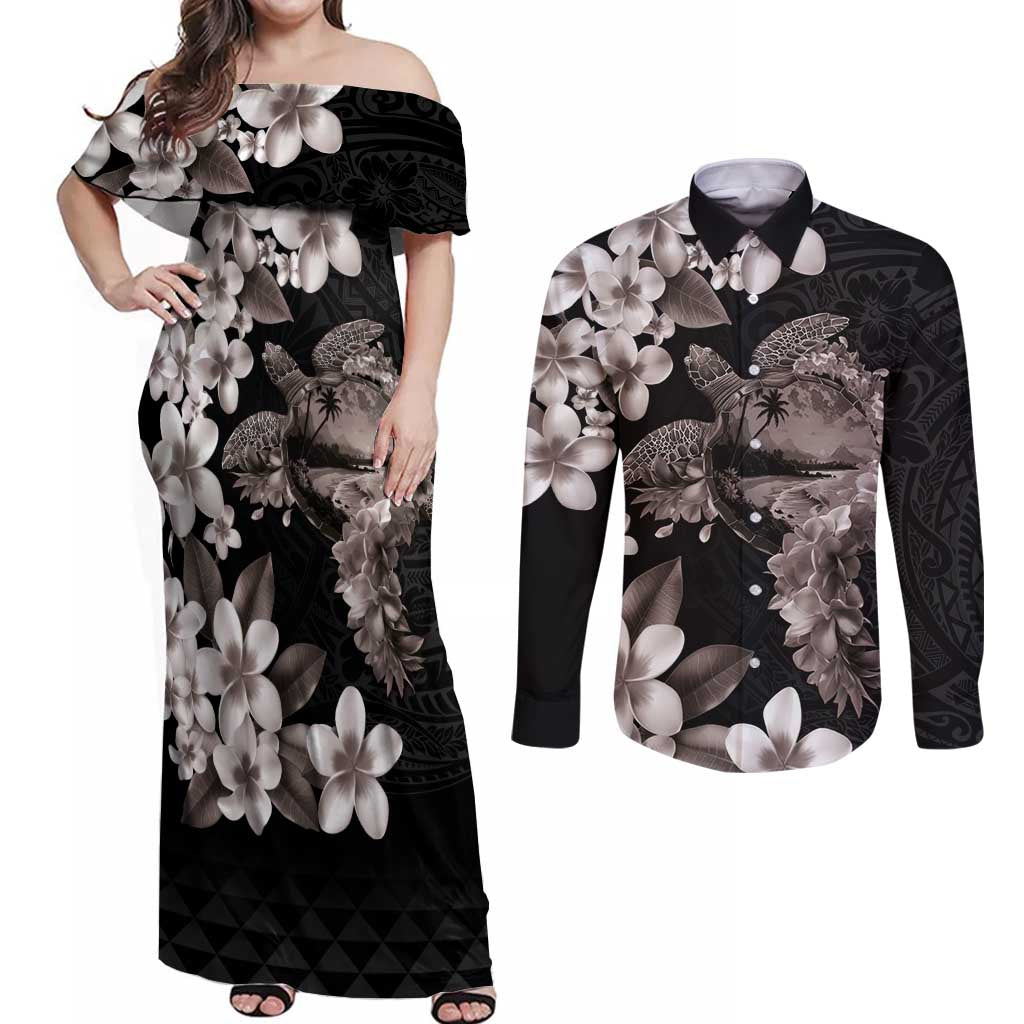 Hawaiian Lei Day Couples Matching Off Shoulder Maxi Dress and Long Sleeve Button Shirt Plumeria and Turtle with Polynesian Tribal Pattern Grayscale Color