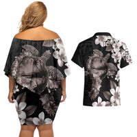 Hawaiian Lei Day Couples Matching Off Shoulder Short Dress and Hawaiian Shirt Plumeria and Turtle with Polynesian Tribal Pattern Grayscale Color