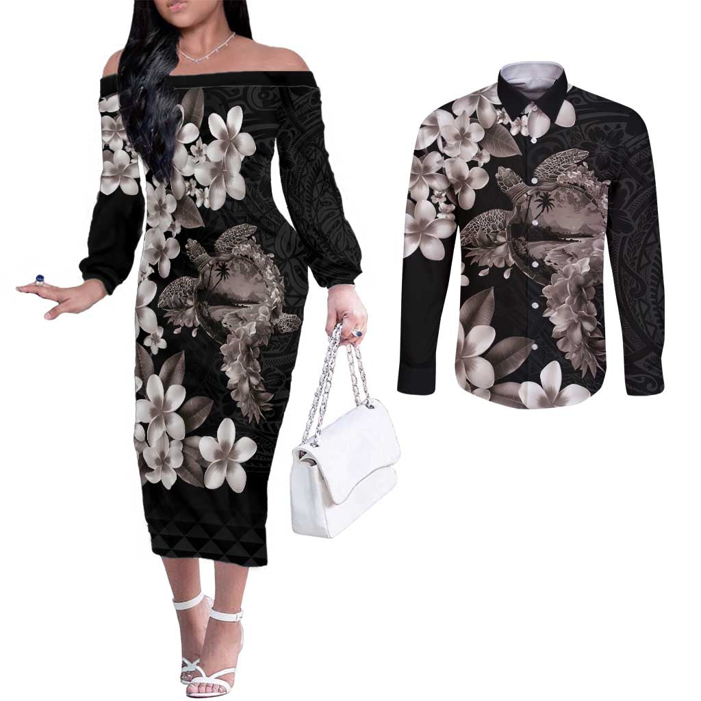 Hawaiian Lei Day Couples Matching Off The Shoulder Long Sleeve Dress and Long Sleeve Button Shirt Plumeria and Turtle with Polynesian Tribal Pattern Grayscale Color