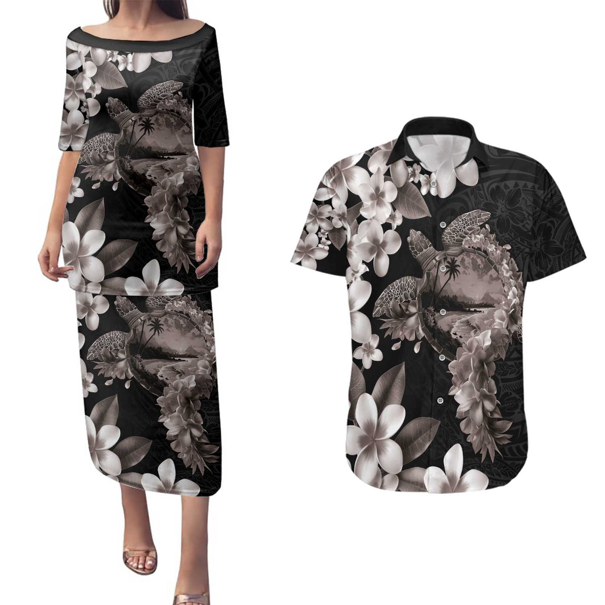 Hawaiian Lei Day Couples Matching Puletasi and Hawaiian Shirt Plumeria and Turtle with Polynesian Tribal Pattern Grayscale Color