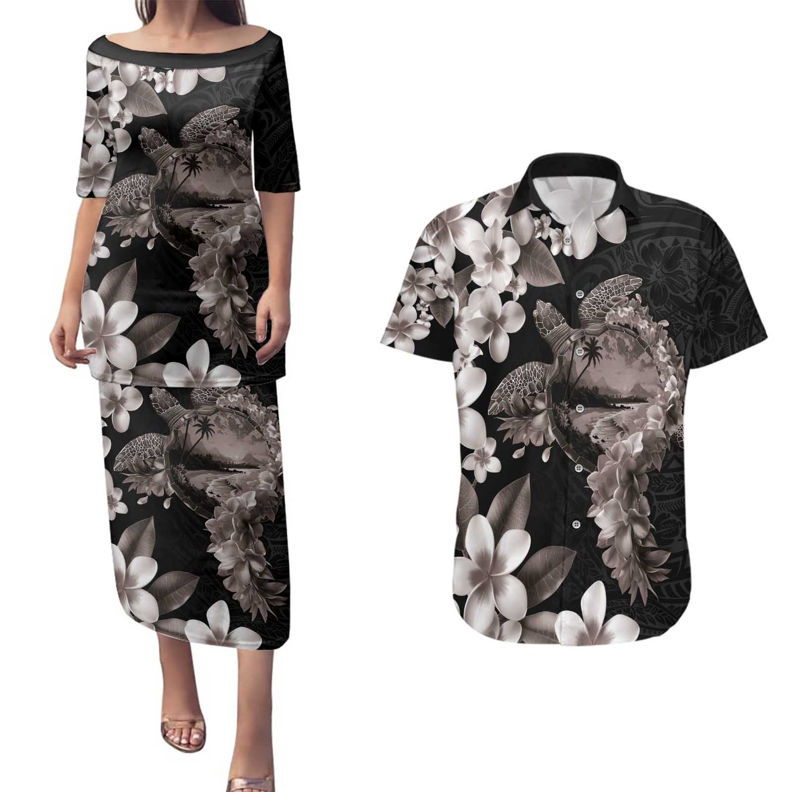 Hawaiian Lei Day Couples Matching Puletasi and Hawaiian Shirt Plumeria and Turtle with Polynesian Tribal Pattern Grayscale Color