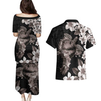 Hawaiian Lei Day Couples Matching Puletasi and Hawaiian Shirt Plumeria and Turtle with Polynesian Tribal Pattern Grayscale Color