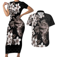 Hawaiian Lei Day Couples Matching Short Sleeve Bodycon Dress and Hawaiian Shirt Plumeria and Turtle with Polynesian Tribal Pattern Grayscale Color