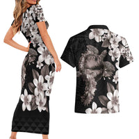 Hawaiian Lei Day Couples Matching Short Sleeve Bodycon Dress and Hawaiian Shirt Plumeria and Turtle with Polynesian Tribal Pattern Grayscale Color