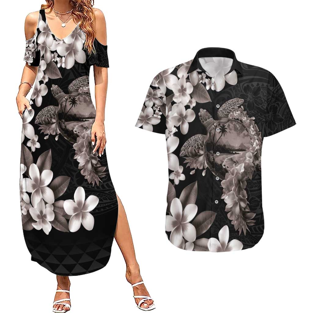 Hawaiian Lei Day Couples Matching Summer Maxi Dress and Hawaiian Shirt Plumeria and Turtle with Polynesian Tribal Pattern Grayscale Color