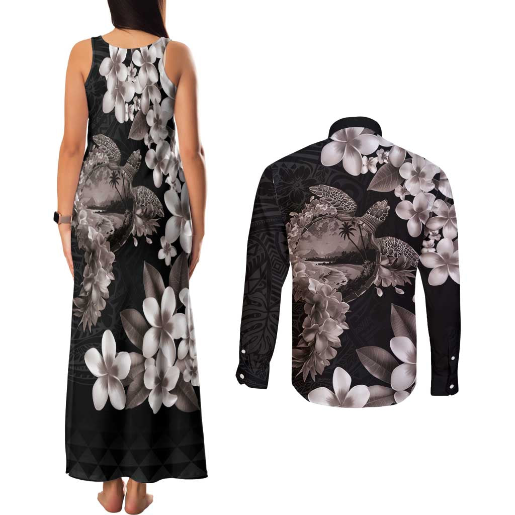 Hawaiian Lei Day Couples Matching Tank Maxi Dress and Long Sleeve Button Shirt Plumeria and Turtle with Polynesian Tribal Pattern Grayscale Color