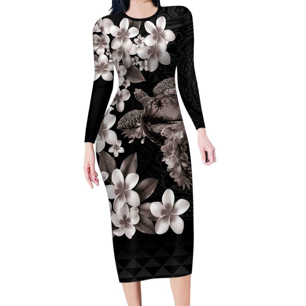 Hawaiian Lei Day Family Matching Long Sleeve Bodycon Dress and Hawaiian Shirt Plumeria and Turtle with Polynesian Tribal Pattern Grayscale Color