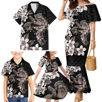 Hawaiian Lei Day Family Matching Mermaid Dress and Hawaiian Shirt Plumeria and Turtle with Polynesian Tribal Pattern Grayscale Color