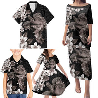 Hawaiian Lei Day Family Matching Puletasi and Hawaiian Shirt Plumeria and Turtle with Polynesian Tribal Pattern Grayscale Color