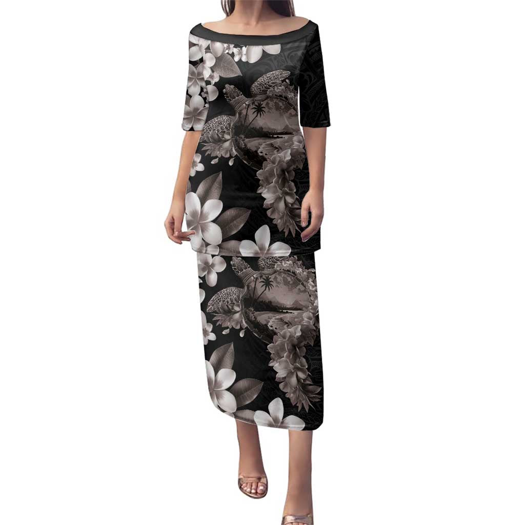Hawaiian Lei Day Family Matching Puletasi and Hawaiian Shirt Plumeria and Turtle with Polynesian Tribal Pattern Grayscale Color