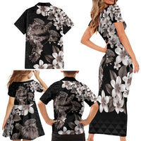 Hawaiian Lei Day Family Matching Short Sleeve Bodycon Dress and Hawaiian Shirt Plumeria and Turtle with Polynesian Tribal Pattern Grayscale Color