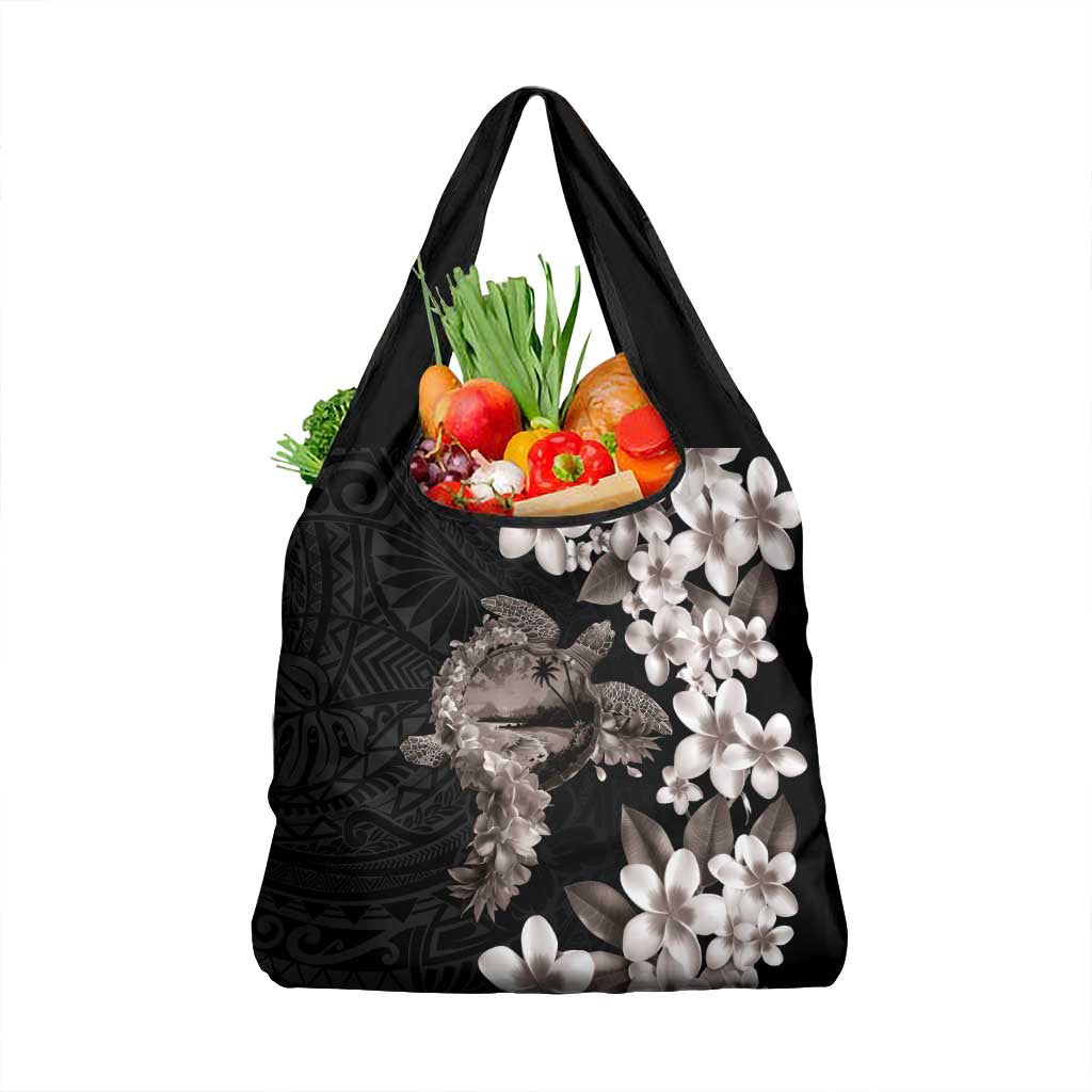 Hawaiian Lei Day Grocery Bag Plumeria and Turtle with Polynesian Tribal Pattern Grayscale Color