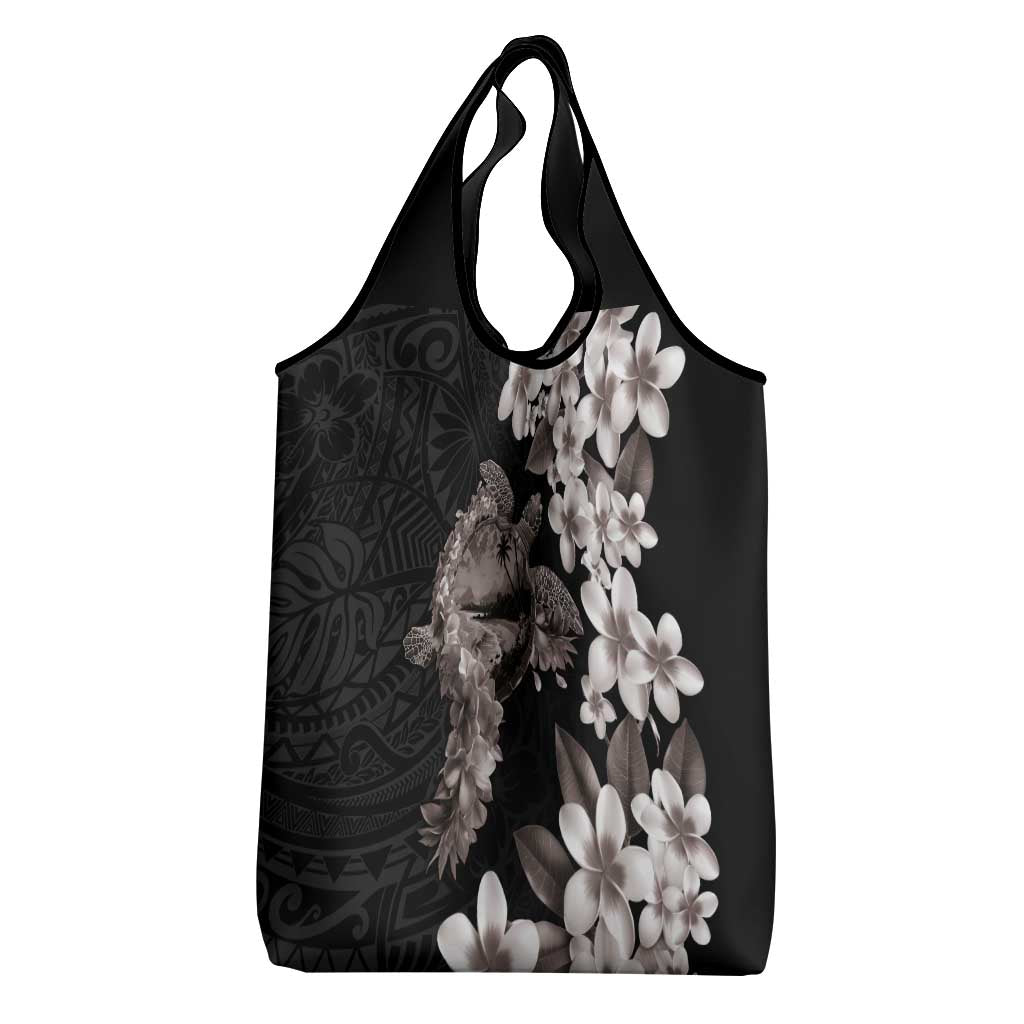 Hawaiian Lei Day Grocery Bag Plumeria and Turtle with Polynesian Tribal Pattern Grayscale Color